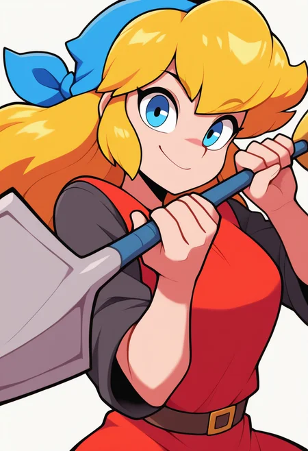 masterpiece, best quality, very aesthetic, absurdres,
1girl, cadence, blue eyes, blonde hair, long hair,
blue bandana, red tunic, 
upper body,
smile, looking at viewer, solo, simple background, white background <lora:CadenceIllustriousXL_byKonan:1>