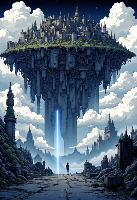 Nistyle, monochrome Manga Sketch, A image of a large old outworn Overgrown and weathered flying island Fortress, in dense clouds, humid atmosphere, atmospheric background lighting, with Low Key bleaked blue color spots