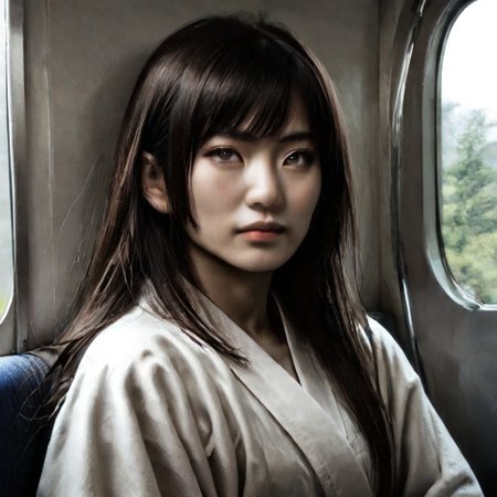 score_9, score_8_up, score_7_up, masterpiece, very high quality, japanese woman, asian face, 1 girl, high cheekbones, flat nose, very wide face, grey eyes, gray eyes, sitting, white shirt, jeans, epiCPhoto, legsonthetra1n, from front, sitting across from viewer, train interior