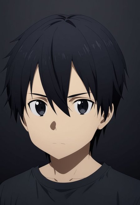 high resolution, professional photography, best quality, 1Boy, Kirigaya Kazuto, Black Hair, Black Eyes, dark t-shirt, looking at viewer, focused gaze forward, plain background, straight body, head upright, overalldetail