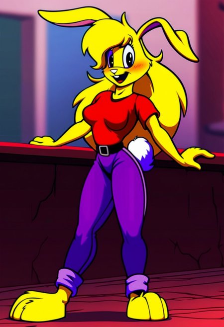 score_9, score_8_up, score_7_up, score_6_up, score_5_up, score_4_up, retro artstyle, BREAK 
LoriJackRabbitPXL, rabbit girl,long yellow hair,yellow skin,1girl, solo,rabbit tail,yellow skin, animal ears, pants, black eyes, colored skin,rabbit ears,long yellow hair, belt, smile, shirt, black belt, open mouth, looking at viewer,rabbit girl,rabbit tail, full body, breasts, standing, furry female, blush, red shirt,purple pants, :d, indoors,barefoot,furry, midriff peek
<lora:lorijackrabbit-v1:0.9>