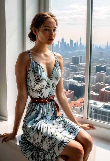 <lora:Evie_Frye_xl-000009:1> a woman sitting on a window sill in a dress and belted dress with a city view in the background and a window sill