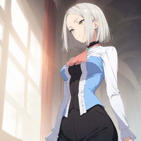 upper_body,portrait,masterpiece,high score,great score,absurdres,<lora:Yukine_Mare ag4o v1:1> yukine_mare, grey hair, short hair, yellow eyes,ascot,frills,long sleeves,pants,