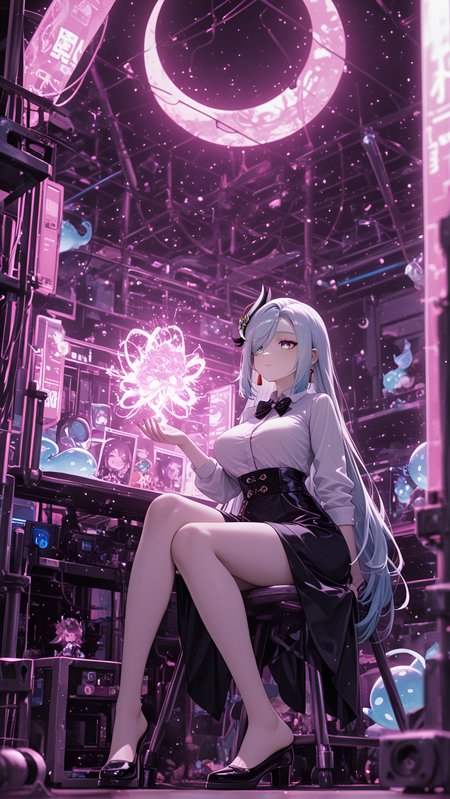 perky breasts, motion_lines:1.1, black bow tie, pointed_ears, feet peeking out, absurdres, very aesthetic, motion_blur:1.1, white shirt, Shenhe (Genshin Impact), large breasts, 8K, RTX, blurry foreground, Mermaid sit - Sitting with legs folded to one side, ultra-detailed, anime character, very long hair, pale skin, barefoot, slime_(creature), Establishing shot, oxford shoes, masterpiece, Neon Sapphire Theme, Undine, glow, miniature world, ambient occlusion, amazing quality, Moonlight (Silvery, straight hair, newest, best quality, Crescent), absolutely eye-catching, group, Forest ombré hair, Rocket engine test stand control room, 1girl, Ethereal, Black tuxedo, depth of field, nail_polish