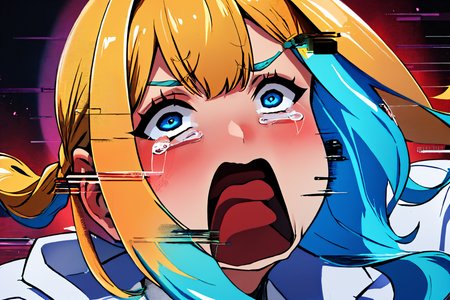 (masterpiece, best quality:1.2), Glitching, glitch, solo, 1girl, civitai-chan, aquascreaming, screaming, open mouth, crying with eyes open, braided bangs, labcoat, shirt, single vertical stripe, necklace <lora:Glitching:1> <lora:gijinkaseries_civitai-18:0.7> <lora:concept_aquascreaming:1>