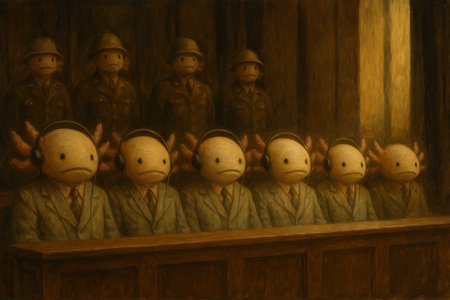 a traditional oil painting inspired by the nuremberg trials after world war ii, reimagined with anthropomorphic axolotls. a row of plush axolotls in pale gray suits sits behind a long wooden defendant bench, each with headphones and blank expressions. their faces are rounded, with dot eyes and drooping gills. behind them, uniformed axolotl guards stand upright. the courtroom is massive and dark, wood-paneled with tall vertical shadows. light pours in from a high window, illuminating the row with solemn golden tones, rendered in plush brushstrokes and soft detail.

