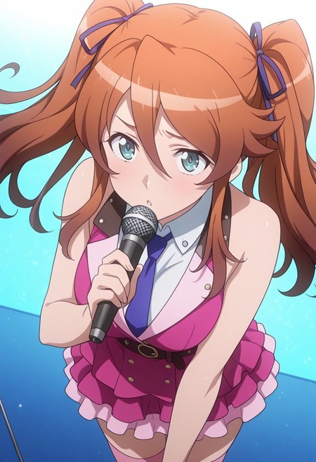 masterpiece,best quality,highres, source anime, anime screencapture,  aya_sugihara, 1girl, twintails, long hair, brown hair, green eyes, blue eyes, breasts,  necktie, sleeveless, pink waistcoat, white collared_shirt, ribbon,  skirt, thighhighs, belt, zettai ryouiki, idol, upper body, idol, music, holding microphone, close up, safe,