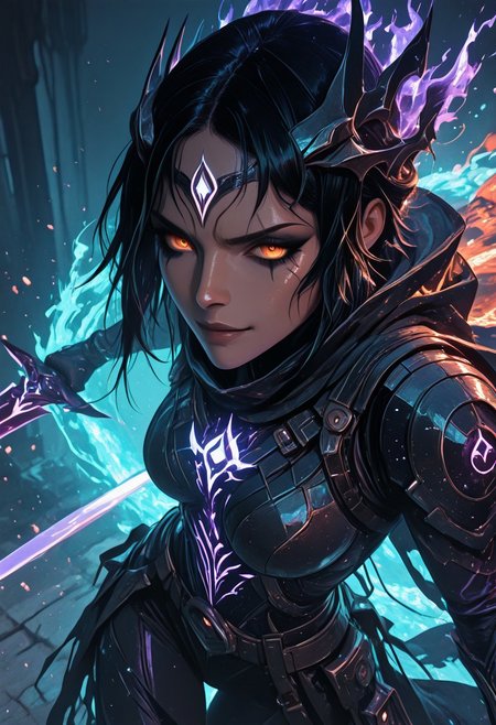 (masterpiece), (best quality), 8k, 1girl, celestial assassin, intense low lighting, glowing crescent blades, purple glow, dual-wielding, shadowed face, glowing eyes, dark eclipse sky behind her, glowing voidlight aura, Void crown, half crescent crown, orange eyes, mystical sigils, long flowing cloak fluttering, sci-fi fantasy armor with celestial patterns, moonlit silhouette, cinematic perspective, ethereal particles, radiant eclipse corona, sleek asymmetrical hairstyle, atmosphere of silent finality, black eyeshadow, Void flames, Burning Cloak, Flaming cloak, 
Action Shot, Slashing blades, Fierce expression, partical effects, dynamic, Dynamic position, Dynamic angle, Combat, intense, intense expression, Anger, half smirk,
Unique, close up, cowboy shot, dutch angle, foreshortening, 
Looking at viewer, (Close up, Face Focus),