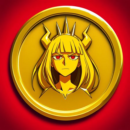 masterpiece, best quality, newest, absurdres, highres, anime, anime style, TheC0in-golden, gold, golden coin, coin, TheC0in, 
1girl, lucifer \(helltaker\),