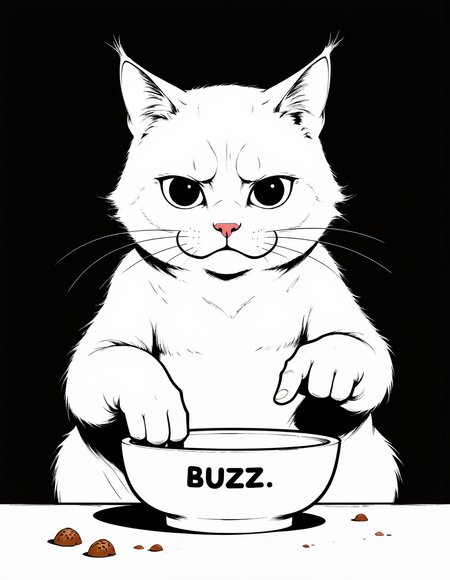 In Niji Stan Katayama style. A very sad cat points to his empty bowl. It says "BUZZ" on the bottom of the bowl. <lora:FLUX\Niji B.safetensors:1.0:1.0>