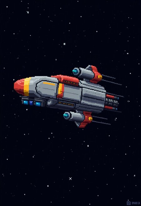 a enemy space ship, main color grey, with red and yellow details, attatched missle launchers, blue thruster , on a dark starry background
 <lora:dvr-pixel-flux:1> dvr-pixel-flux