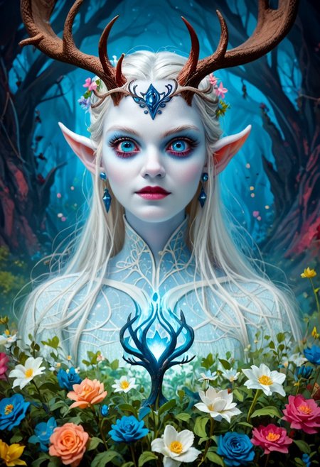 score_9, score_8_up, professional photography of a fantastical Bell, blue eyes, horns, pointy ears, antlers, colored skin, white skin with whimsical elements, flowers and swirling magic, eerie fairytale landscape, elaborate fantasy style art, very colorful, intricate details, ultra sharp, exquisite detail, flawless composition, vivid colors, masterpiece, exciting background