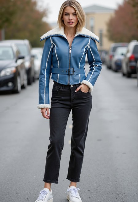 Full body shot of a beautiful young model with medium hair, medium round breasts, seductive smile, clo002, wearing blue leather jacket, shearling collar, black jeans, sneakers, street,  standing in a street,  perfect lightning,