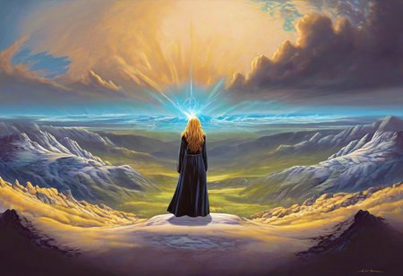 1woman, blonde hair, she's the grim reaper, facing away, rocky hill, standing, black robe blowing in the wind, clouds, sky, sunset, stars, cosmic, in meditation, ultra detailed landscape, bright yellow energy surrounding surrounding her, volumetric lighting, ultra detailed clothes, ultra detailed body, ultra detailed hair, looking at an ancient city made of blue crystals is in the distance, serenity, glowing,
by Natalia Rak and Barclay Shaw in the style of Jessica Rossier,  <lora:EnvyAnimeWatercolorXL02:0.60> ,   Elmore_Style_LX <lora:Elmore_Style_LX-000011:0.60>
