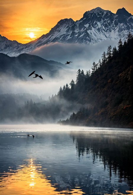 Sunrise gradually illuminating a tranquil mountain lake, dense fog obscuring the mountain peaks, scarlet and gold sky reflected in the still water, lone silhouette of a heron in flight, subtle ripples in the foreground catching the first light, serene, ultra realistic, golden ratio.