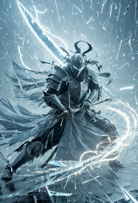 1man, armored samurai, Incoming sword, broken glass, reflection, glowing lightning slash, shatter, holding sword, glowing sword, motion blur, emphasis line, outdoor in the darkness, looking viewer,