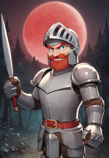 score_9, score_8_up, SirArthur, red hair, beard, mustache, blue eyes, armor, helmet, pauldrons, looking at viewer, smile, upper body, gauntlets, belt, (holding a sword), dynamic pose, night, dark forest, red moon, castle in the background, dutch angle, detailed background,