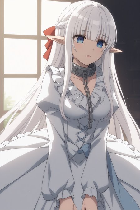 score_9, score_8_up, score_7_up, BREAK source_anime, <lora:Nephelia-PonyXL-lora-faxtron:0.8> nephelia, elf, pointy ears, blue eyes, white hair, long hair, medium breasts, metal collar, white dress, long sleeves, puffy sleeves,