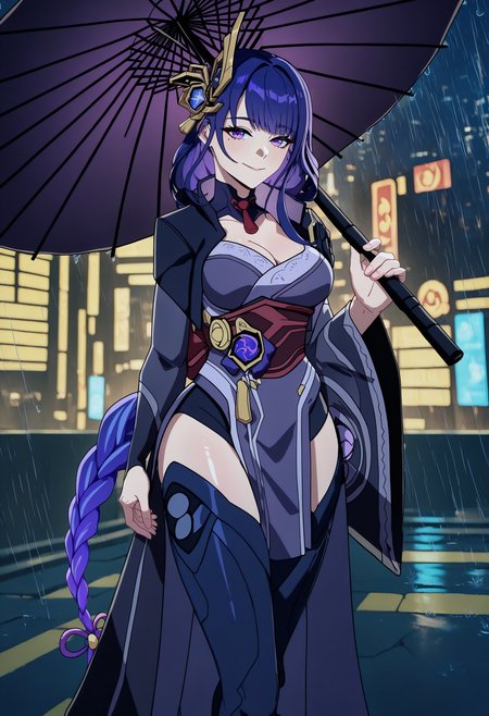 masterpiece, best quality, newest, absurdres, highres, 1girl, RdnPrgntr, purple hair, purple eyes, braided ponytail, single braid, low ponytail, long hair, sidelocks, blunt bangs, mole under eye, large breasts, star hair ornament, japanese clothes, black kimono, long sleeves, wide sleeves, black sleeves, purple flower, family crest, badge, tomoe \(symbol\), mitsudomoe \(shape\), black thighhighs, <lora:RaidenShogun_illusXLNoobAI_Incrs_v1.1:1>, outdoors, cyberpunk, dark, night, city, rain, cityscape, oil-paper umbrella, seductive smile, holding umbrella,