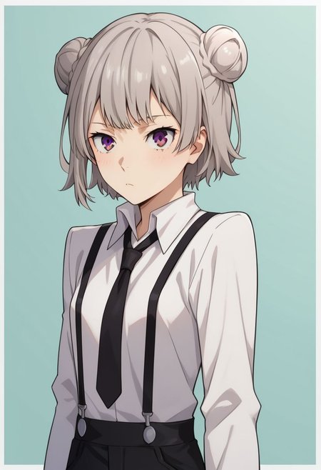 score_9, score_8_up, score_7_up, score_6_up, atsushi_nakajima, 1girl, solo, genderswap, female, koharu rikka, grey hair, purple eyes, short hair, double bun, white shirt, long sleeves, black necktie, suspenders, black pants, source_anime, best quality, masterpiece