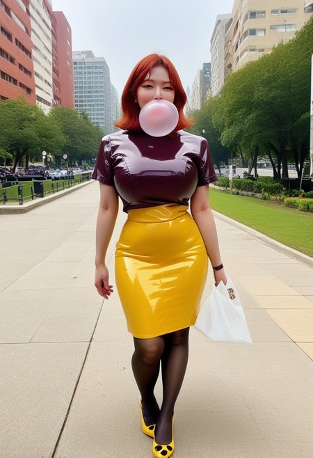 white skin, photo of an 22-year-old Korean idol,masterpiece, best quality,smiling, realistic,score_9, score_8_up, score_7_up, (full body shot), semi realistic,forehead, shot, (extra long thick luxurious shiny red-auburn hair),mature asian,milf, 
1girl, female, huge breasts, thick thighs, wide hips, horny, lips, korean_race_queenv2,gini_S2,Realisian-Neg, (yellow and black checkerboard skirt),(stiped yellow and red suit), (dark-purple latex shirt),pantyhose, parted bangs,manhwa milf, queen bee ami, lips (blowing clear large bubblegum), (walking through city park background)
