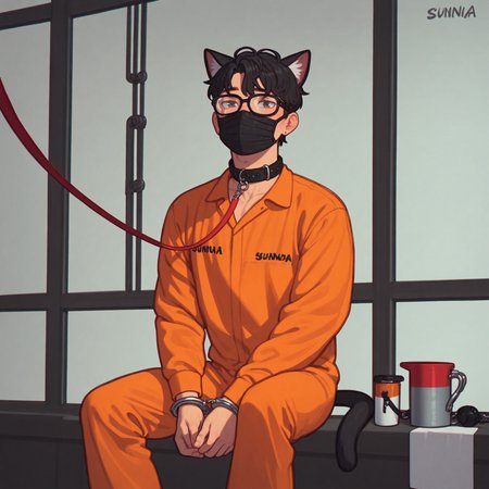 score_9, score_8_up, score_7_up, score_6_up, score_5_up, score_4_up, inmate, male focus, solo, orange jumpsuit, handcuffs, asian, black hair, glasses, black mask, cat ears, collar, leash, sitting, sunna (nilsunna) <lora:PrisonerLyCORIS-Prodigy-000025:0.4>