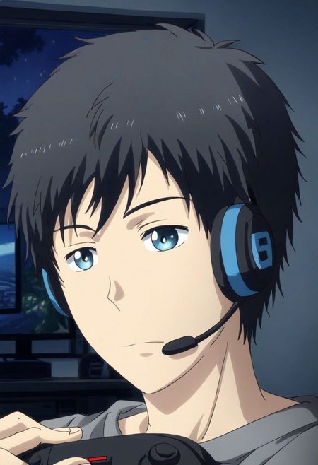 high resolution, solo, best quality, 1Boy, Arata Kaizaki, Black Hair, Blue Eyes, gamer, bedroom, night, pc, sit, headset, portraits, OverallDetail