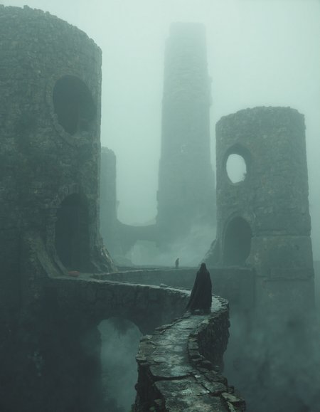 A hauntingly surreal and atmospheric scene unfolds in a dense, gray fog. Towering, brutalist structures loom in the distance, their monolithic, cylindrical forms punctured by massive, ominous circular voids. These imposing edifices exude a sense of mystery and ancient desolation, as if remnants of an alien civilization or forgotten dystopian architecture. A solitary figure, draped in a dark, flowing cloak, walks along a narrow, curving pathway suspended above the unseen depths below. The path, cracked and weathered, seems to defy gravity as it winds through the fog, leading into the labyrinthine maze of the foreboding structures. The figureâs small stature against the massive, hollowed-out columns emphasizes the scale and otherworldly atmosphere. The muted color palette deepens the feeling of isolation and unease. The fog absorbs much of the light, casting everything in a soft, diffused glow, while shadows cling to the edges of the structures. The mood is one of enigmatic dread and curiosity, as if the figure is venturing into the unknown, a world where reality and nightmare blur.  aidmaHyperrealism