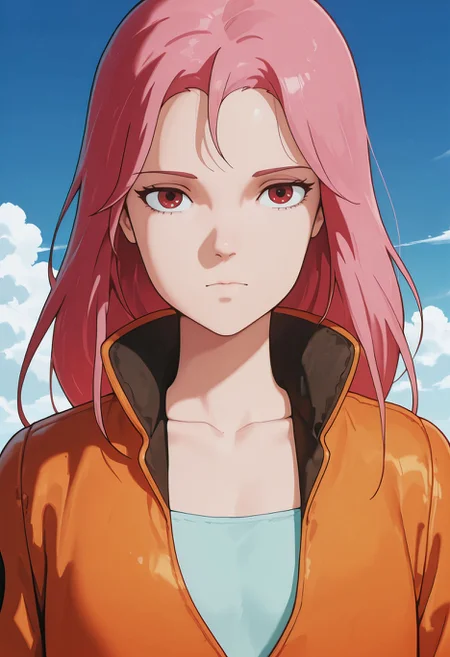 masterpiece,best quality,amazing quality,<lora:aisha_robotech_ilxl:1>aishagcm, 1girl, orange jumpsuit, blue sky, cloud, long hair, upper body, day,  looking at viewer, orange jacket, outdoors, red eyes, expressionless, shirt, collarbone, closed mouth