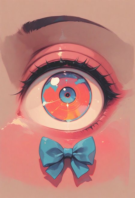 1 girl , solo , fish eye , silly , close up , uniform , ribbon bowtie , 
masterpiece, best quality ,amazing quality ,S4bit4mago_illu , xxx667_illu ,Protoneon , in the style of Jeda, vibrant colors,