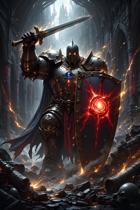 A hyper-realistic portrait, photorealistic photo close-up image of In the ruins of an ancient castle, a knight adorned in gleaming steel holds his shield high, the red rose symbol at its center stark against the dark stone walls. A hulking, armored giant swings a massive mace toward him, the air around it crackling with raw force. The knightâs shield intercepts the blow, sparks flying as the mace meets the steel surface with a thunderous crash. The knight's grip tightens, his muscles straining beneath his armor as he absorbs the impact, feet digging into the stone floor to hold his ground. Dust and debris swirl around him, the remnants of shattered pillars and crumbled walls, yet the red rose on his shield remains untouched, glowing like a beacon amidst the chaos. Sunlight filters through the cracked ceiling, casting rays of light onto the battlefield, illuminating the knightâs unwavering stance. His eyes, visible through his visor, burn with determination as he glares up at his foe, his sword at the ready in his other hand. The castleâs ancient banners, tattered and forgotten, flutter weakly in the wind as the battle between man and beast continues, each moment hanging in delicate balance.(photography, high-resolution, dynamic, energetic,hyper-realistic, dramatic lighting, shallow depth of field.), MythP0rt<lora:DnDDarkestFantasy:0.5><lora:FluxMythP0rtr4itStyle:0.75><lora:Dever_Flux_Enhancer:0.5><lora:Aura_Flux-000010:0.6>