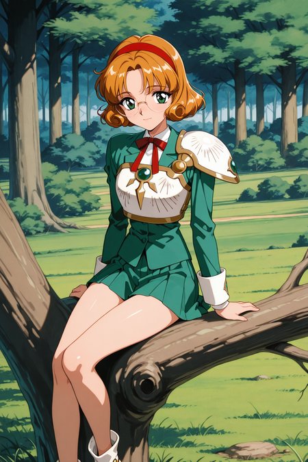 masterpiece, best quality, 1girl, 
anime style, (retro:0.15),
solo, light smile, sitting on a tree,
outdoor, field, grass, tree, forest, ruin,
<lora:AEFuuillx:0.9> <lora:Cunnyfunky_purged:0.4>
green eyes, curly hair, parted bangs, short hair, glasses, rimless eyewear, round eyewear, red hairband, green clothes, plated skirt,
AEFuuKnight, ankle boots, breastplate, shoulder armor, white footwear, 
standing,