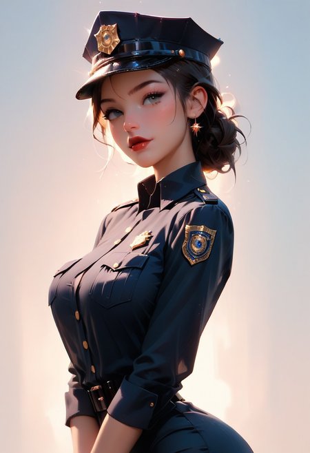 score_9, score_8_up, score_7_up, score_6_up,  1girl, gorgeous girl, kawaii girl, cute face, police officer, brunette updo, officers cap, aviators, dark navy police officers uniform, athletic, lipstick, large breasts, (slim fit), pose , boob focus ,boob focus, (sexy pose), illustration