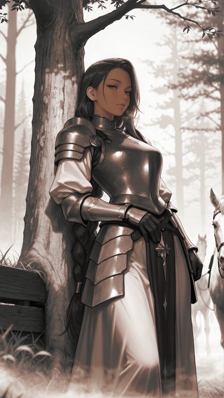 HDR, 8K, high contrast, masterpiece, best quality, amazing quality, very aesthetic, high resolution, ultra-detailed, absurdres, (best quality:1.1), muted color, realistic, depth of field, 
1woman, armored dress, fog, dusk wood, leaning on a oak tree, a lone white horse, braided very long hair, :/,