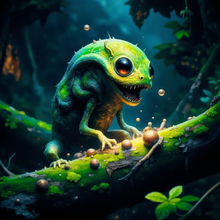 highly detailed masterwork fantasy oil painting in the style of fr4z3tt4, award-winning macro photo, (short depth of field:1.2), the (diminutive:1.4) "rattling rocklurd" is a (bioluminescent glowing:1.3) grotesque and uncanny life form (with large expressive eyes:1.2) that dwells in the garbonified canopies and tingspurdled ronf of the exotic alien world "lurkward secundus", where they harvest zibzorbled seeds and (floating particles:1.1) for sustenance, (dappled light:1.1), rim lighting, royal blue and emerald green and golden, midjourneyv6.1, <lora:frank_frazetta-flux-by_darmox:0.44> <lora:image_enhancer-flux-by_dever:0.6> <lora:midjourney_61-flux-by_aidigitalmediaagency:0.8>