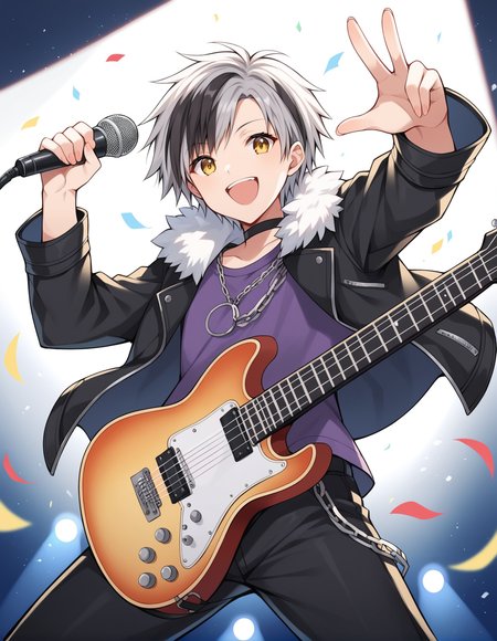 score_9, score_8_up, score_7_up, score_6_up, score_5_up, score_4_up, source_anime, rating_safe, BREAK <lora:masaruXL_LoRA-C3Lier_AdamW_Dim16_Alpha16_UN-3e-4_TE-1.5e-4_10batch_ponyDiffusionV6XL_v6StartWithThisOne:1>, masarunorm, 1boy, multicolored hair, streaked hair, short hair, yellow eyes, black choker, jewelry, fur trim, fur-trimmed jacket, black jacket, long jacket, chain, open jacket, purple shirt, black pants, looking at viewer, wind, smile, happy, electric guitar, guitar strap,holding instrument, dutch angle, from below, holding microphone, stage, stage lights, spotlight, confetti