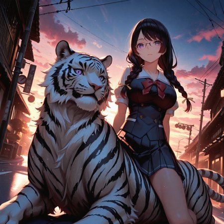 safe_pos, Japanese intersection, street lights, traffic signals, sky, dusk, cloud, scenery,

straight on,low view, hanekawa tsubasa, 1girl, purple eyes,  glasses,black hair,twin braids,large breasts, school uniform, (Sitting on top of white tiger:1.2), huge tiger,Sitting sideways, long hair, looking at viewer, Cinematic Lighting, red dusk lighting, gradient sky, 

outdoors, soft lighting, solo, dutch angle, illuminated face, frontlighting, masterpiece, best quality, very aesthetic, absurdres, amazing quality, 1girl, by sakuraba yuuki, by nagishiro mito, by guweiz, by unfair, 