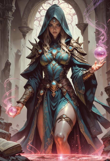 score_9, score_8_up, score_7_up, score_6_up, score_5_up, score_4_up,  sorceress, casting earth magic spells, black hood, medium breasts, colorful eyes, freckles, blonde hair, magic circle, thigh strap, petite, 1girl, delicate and smooth skin, blush, perfect body, thighs, large breasts, highly detailed, glossy lips, looking at viewer, tomes in background, magic book, ritual, vials, potion,    <lora:Fant5yP0ny:0.8>,  <lora:Fantasy_Wizard__Witches_PonyV2:0.8> hkmagic 