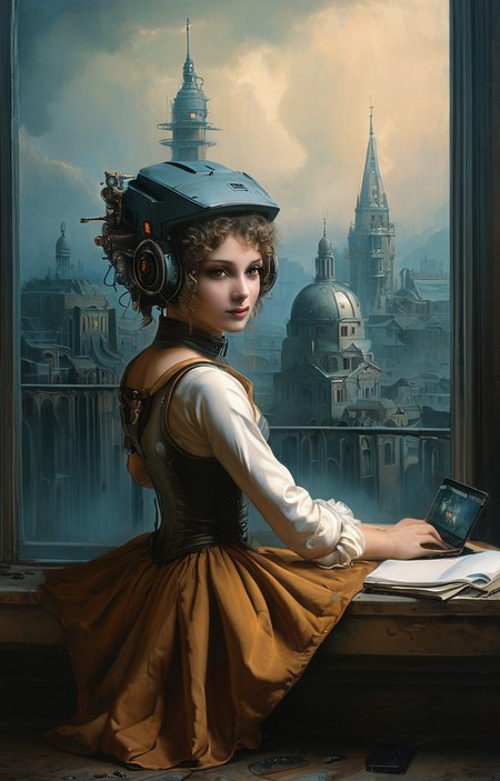 masterpiece,best quality,<lora:tbh152-sdxl:0.8>,illustration,style of Élisabeth Vigée-Lebrun cyberpunk city