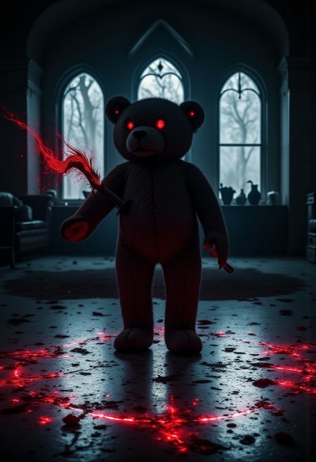A giant teddy bear on a glowing magic circle as part of a ritual in hell