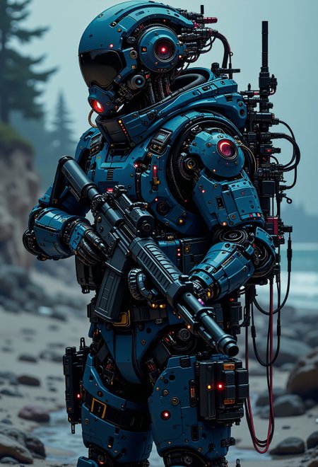 <lora:ck-nc-pastel-cyberpunk:1.0> A digital artwork in the style of cknc, sleek futuristic cyborg combat diver wearing a dual mode diver mask with a mares backmount and scuba gear, full kit with magazine pouches, wearing a tactical automatic rifle. standing on a hostile warzone beach at night. the diver is adorned with intricate, mechanical components, giving it a highly advanced, industrial look, with glowing red diodes and LEDs and a sleek matte gunmetal paint, dark cinematic mood