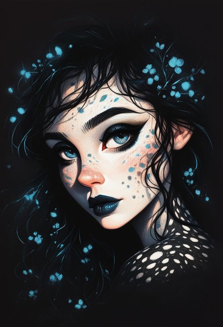 score_9, score_8_up, score_7_up, score_6_up, 1girl, black hair, 23 years old, beautiful, dappled moonlight, lipstick, dark eyeliner, silver light shafts, dark background, portrait, cool color palette, s1_dram, ncpy13 style, pastels drawing