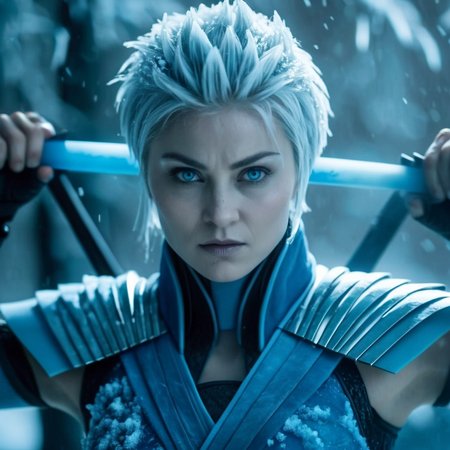cinematic film still of  <lora:Frost Mortal Kombat:1>
Frost Mortal Kombat a pale white cold skin woman with an ice frost hair and frost eyes in a blue ninja outfit in a ice storm place with many swords, shallow depth of field, vignette, highly detailed, high budget, bokeh, cinemascope, moody, epic, gorgeous, film grain, grainy