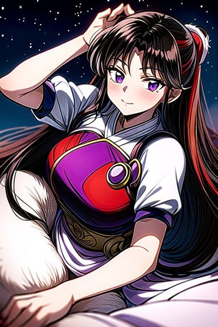 masterpiece,  best quality 1girl Setsun4 solo long hair,  (night time) forest background black hair very long hair purple eyes multicolored hair armor (fur trim) (medium body),<lora:EMS-179-EMS:0.800000>,<lora:EMS-293862-EMS:0.800000> bow, hair_bow, hair_tubes, red_bow, brown_hair, long_hair, bangs, ascot, frilled_bow, yellow_ascot, blush, smile, hair_between_eyes, athletic, armor, miko, ,(((intricate outfit,intricate clothes,embroidered outfit,ornate outfit,embroidered clothes,ornate clothes))), laying down, lying down