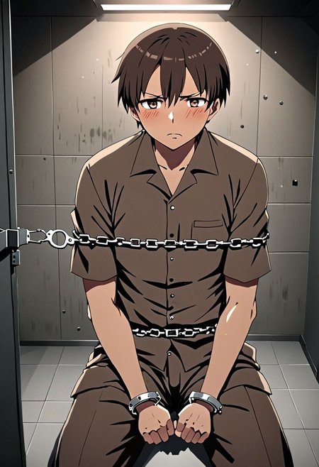 high resolution, solo, best quality, 1Boy, Takaki Toono, Brownish Hair, Brown Eyes, arrested, restrained, struggling, handcuffs, interrogated, interrogation room, OverallDetail