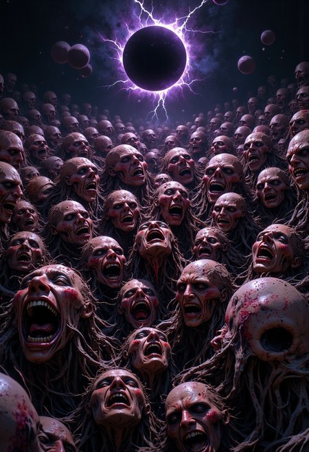 Cinematic wide shot of an endless landscape made of disfigured human faces, grotesquely stitched together with sinewy, vein-like threads. Each face is locked in expressions of torment, mouths frozen in silent screams, eyes wide with despair. Thick black oil pours out their mouth. The patchwork of ashen and bruised flesh tones bleeds dark, oily fluid from the seams. Above, a black sun eclipse casts a sickly light, creating deep shadows that hide subtle movements within the faces. Flickers of violet lightning briefly illuminate the grotesque details. The faces shift slightly, as if struggling against their amalgamation, evoking a sense of nightmarish surrealism. The scene is hyper-detailed with a muted palette of flesh tones, deep shadows, and eerie highlights of red and violet.
