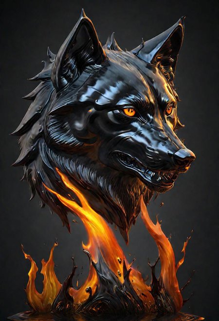 (masterpiece))
a wolf head,
HDR, hyper realistic, 
Black goo,
godly auburn light, flames,