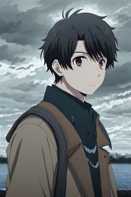 high resolution, solo, best quality, 1Boy, Inaho Kaizuka, Black Hair, gloomy, Sky, strong wind, OverallDetail