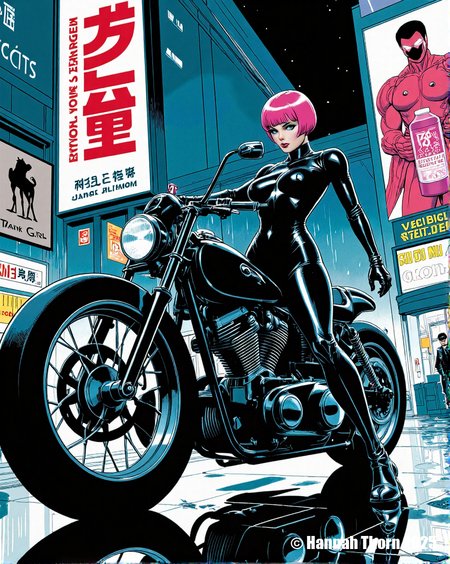 A retro-futuristic comic book cover featuring a stylish cyberpunk biker girl named "Velocity." Velocity has striking emerald green eyes, a short, asymmetrical neon pink haircut, and wears a sleek, black leather catsuit accented with glowing blue circuitry patterns. She's perched on a heavily modified, chrome and neon-lit motorcycle that appears to hover slightly above a rain-slicked Neo-Tokyo street at night. Towering holographic billboards displaying ads for energy drinks and robotic companions fill the background, reflected in the puddles below. A speeding monorail train streaks across the upper part of the frame. The overall art style is inspired by Katsuhiro Otomo (Akira) mixed with Jamie Hewlett (Tank Girl), employing bold lines, dynamic perspective, and a vibrant, oversaturated color palette. Sharp focus, dramatic lighting with strong rim lighting, and a slight halftone pattern enhance the comic book aesthetic. Illustration, digital art, high resolution, cinematic lighting, cyberpunk art, vibrant, dynamic composition, art by [Artist Name] 2077. <lora:_Flux\_Painting\Flux_Crepax.safetensors:1.0:1.0>