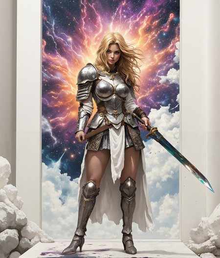 HKStyle,Envision a striking woman in battle-worn, white armor, her presence exuding both strength and grace within a minimalist, pure white sanctum. Her armor, though predominantly pristine, is artfully adorned with a cascade of celestial motifs and intricate filigree that shimmer with a subtle iridescence. In her hand, a formidable sword with an ornate hilt and a blade that reflects a kaleidoscope of ethereal colors, as if forged from the very essence of light. The wall behind her comes alive with an explosion of vibrant, cosmic paint splatters, reminiscent of a supernova, with hues of deep purples, fiery oranges, and celestial blues that create a stark contrast against the white room and armor. The vivid paint seems to be in motion, with droplets suspended in the air, capturing the aftermath of a mythical battle. Her stance is one of defiant beauty, eyes that tell tales of ancient wars, her hair a flowing tapestry of gold that catches the light of the surrounding chaos. The scene is imbued with an otherworldly glow, adding a sense of surreal drama to the composition, making it not just a picture, but a story of the cosmos itself woven into the very fabric of her being